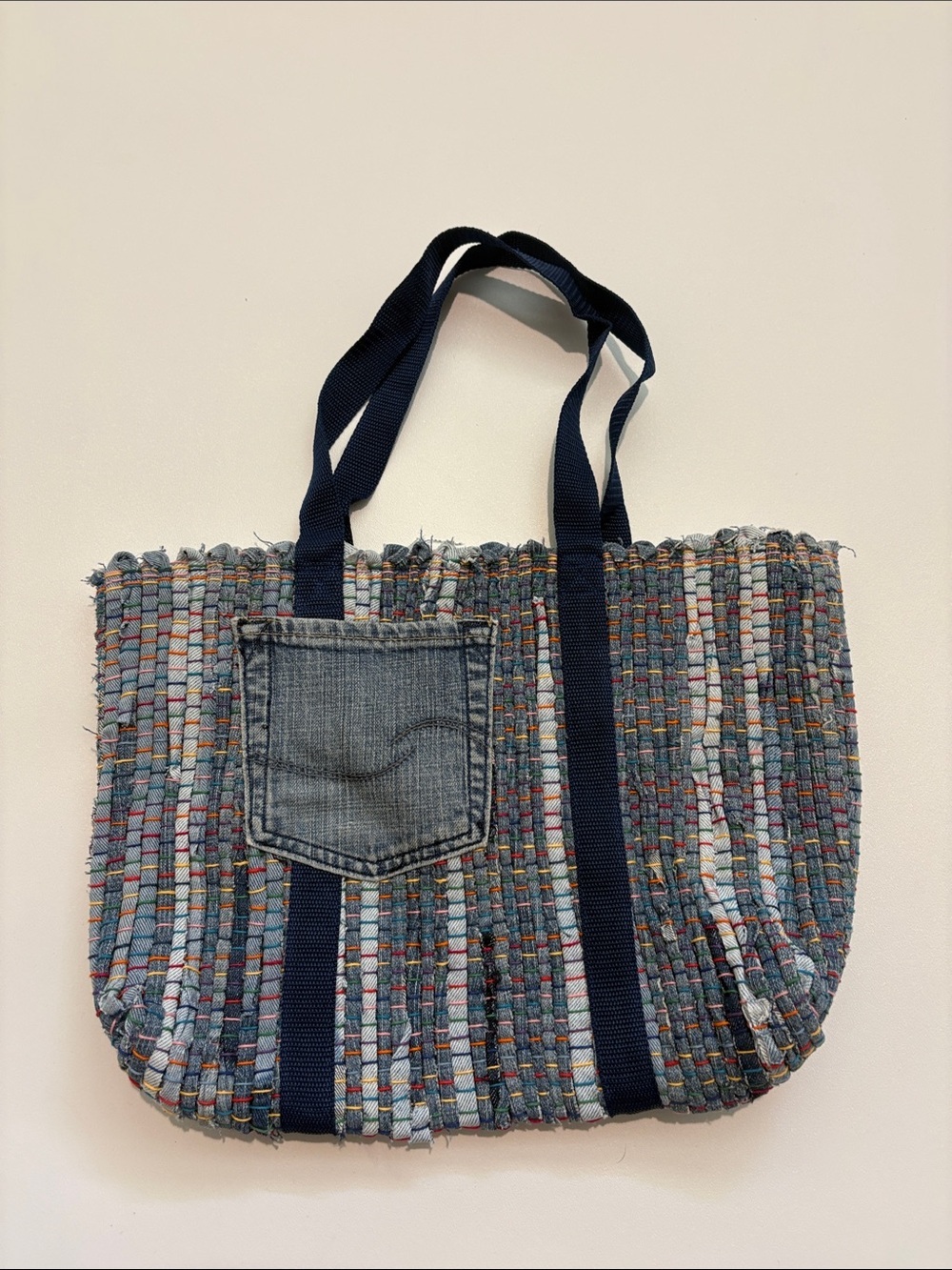 Woven Denim Pocket Tote Bag in Multicolor Blue
